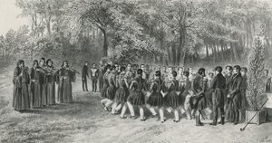 Rodada Wallachian, realizada pelos Tsiganes e dançada pelos músicos do Segundo Regimento na casa do Príncipe Ghika, Ghospodar, Wallachia, 1839 de Denis Auguste Marie Raffet