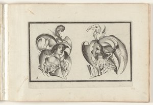 Uma cabeça masculina e feminina com chapéus e golas grotescas
Desenhos para chapéus e artefactos de protecção da cabeça (título da série)
Ouvrage rare et nouveau, contenant plusieurs desseins de merveilleuse recreation sous diverses caprices et gentilles de Denis Boutemie