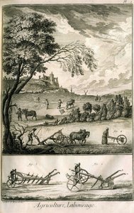 Trabalho de campo - Agricultura, semeadura, aração. Vários modelos de rolos e arados: Placa de um volume de ilustrações da Encyclopédie de Diderot, edição original 1762