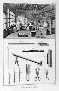 Loja de peleiros com paredes forradas e peles penduradas nas vigas, 1751-1777 de Denis Diderot