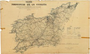 Mapa da província de A Coruña com estradas estaduais e provinciais e estradas de bairro subsidiadas. Publicado por acordo da Excelência. Comissão Provincial de Deputación da Coruña