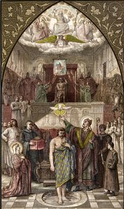 Santo Remigius baptiza Clovis em Reims - O baptismo do Rei dos Francos Clovis I (466-511) em Reims pela Eveque Saint Remi em 25/12/496 (ou 499) - gravura após a pintura de Desire François Laugee de Desire Francois Laugee
