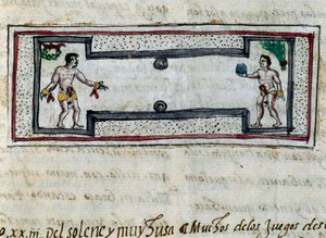Aztecas jogando jogo de pelota, miniatura de Historia de las Indias de Diego Duran (1537-1588), manuscrito de 1579