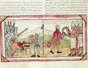 Fol.208v Encontro de Hernando Cortes (1485-1547) e Montezuma (1466-1520), miniatura da &39;História dos índios&39; de Diego Duran, 1579