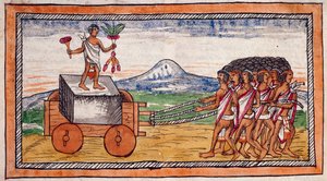 Os astecas transportando pedras para construir as suas cidades, aguarela esticada da História das Índias por Diego Duran (1537-1588), manuscrito, fólio 188 recto