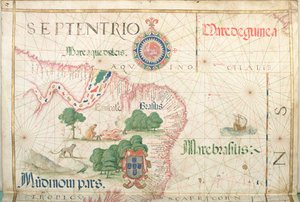 Boca da Amazônia, Brasil, detalhe de um atlas mundial, 1565