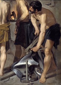 A forja de Vulcano, detalhe. Um dos ferreiros trabalha na armadura. Pintura de Diego Velasquez (1599-1660) 1630 Sol. 2,23x2,90 m Madrid, Museu do Prado. de Diego Velázquez
