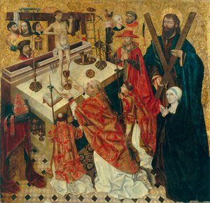 Messe de saint Gregoire - A Missa de São Gregório Magno - Pintura de Diego de la Cruz (ativo 1482-1500) - antes de 1480 - Óleo sobre madeira - 168x168 - Museu Nacional d