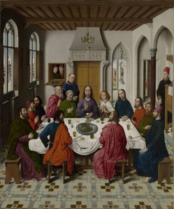 A recolha do maná e a Páscoa (anverso à esquerda), A última ceia (meio), O encontro de Abraão e Melquisedeque e Elias despertado pelo anjo (1 Reis 19,5-6) (anverso à direita) de Dieric Bouts