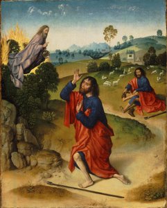 Moisés e a sarça ardente, com Moisés tirando os sapatos de Dierick Bouts the Elder
