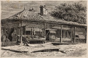 Um açougue e uma padaria em Bucareste (Romênia). Engravure pour illustrrer le voyage de Paris à Bucharest de Lancelot, designer, em 1860, no "Le tour du monde, nouveau journal des voyages", publicado sob a direcção de Edouard Charton