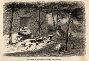 Uma forja cigana na região de Walachia, Roménia. Gravura para ilustrar a viagem de Paris a Bucareste, de Lancelot, desenhista, em 1860, publicada na "Le tour du monde, nouveau journal des voyages", sob a direcção de Edouard Charton de Dieudonne Auguste Lancelot