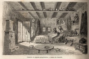 Uma casa de camponeses proprietários, nos arredores de Orezu (região de Walachia, Roménia). Gravura para ilustrar a viagem de Paris a Bucareste, de Lancelot, desenhista, em 1860, publicada na "Le tour du monde, nouveau journal des voyages", sob a direcção  de Dieudonne Auguste Lancelot