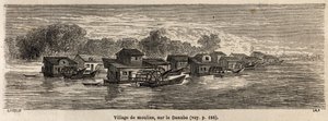 Uma aldeia de moinhos no Danúbio, desenhada por Lancelot, para ilustrar a viagem de Victor Duruy de Paris a Bucareste em 1860. Gravura em "Le tour du monde", editado por Edouard Charton de Dieudonne Auguste Lancelot