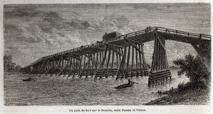 Uma ponte de madeira sobre o Danúbio, entre Passau e Viena, desenhada por Lancelot, para ilustrar a viagem de Victor Duruy de Paris a Bucareste em 1860. Gravura em "Le tour du monde", editado por Edouard Charton de Dieudonne Auguste Lancelot