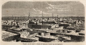 Vista geral de Trípoli, desenho de Lancelot, para ilustrar os passeios Tripolitanos, em 1860, do Barão de Krafft. Gravura em "Le tour du monde", 1861. A coleção de Selva. de Dieudonne Auguste Lancelot