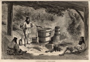 O fabrico de rakiou, álcool de cereais, uma espécie de schnapps muito comum na Roménia. Gravura para ilustrar a viagem de Paris a Bucareste, de Lancelot, desenhista, em 1860, publicada na "Le tour du monde, nouveau journal des voyages", sob a directti