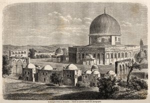 A mesquita de Omar, construída em 691 em Jerusalém, desenhada por Lancelot, para ilustrar a viagem do Sr. Bida à Palestina em 1856. Gravura em "Le tour du monde, nouveau journal des voyages" Paris