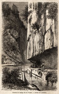O caminho de reboque nas margens do Danúbio, escava na parede de rocha, também chamado caminho de Trajano (53-117, imperador romano), que o fez furar, por sua expedição contra os dacianos do norte do Danúbio (100-103). Desenho de Lancelot, para ilustrar o