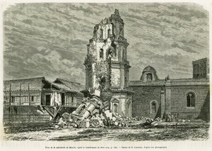 Torre da Catedral de Manila, após o terremoto de 18 de julho de 1880. Gravura de Lancelot para ilustrar a história Lucon e Palaouan, seis anos nas Filipinas, por Alfred Marche