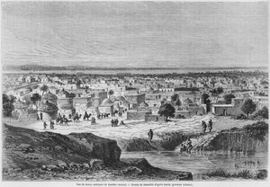 Vista de Kano, na Nigéria, de &39;Viagens e Descobertas na África do Norte e Central&39; por Heinrich Barth (1821-65), publicada em &39;Le Tour du Monde&39;, gravada por Charles Maurand (século XIX) 1860 (engravin