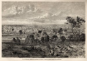 Vista de Melbourne (Austrália), desenho de Lancelot, para ilustrar as memórias de um ocupante francês na Austrália, em 1854-1859, de M. de Castella. Gravura em "Le tour du monde", 1861. A coleção de Selva. de Dieudonne Auguste Lancelot
