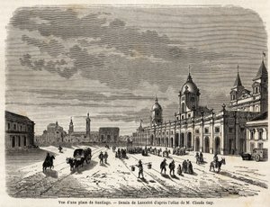 Vista de uma praça em Santiago (Chile), desenho de Lancelot, para ilustrar a viagem à América do Sul, em 1823, de Giovanni Mastai Ferretti (1792-1878, futuro Pio IX). Gravura em "Le tour du monde, nouveau journal des voyages" Paris de Dieudonne Auguste Lancelot