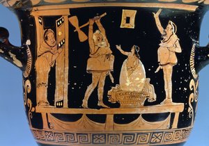 Krater de sino de figura-vermelho: detalhe da decoração mostrando uma cena de um jogo, detalhe de cerâmica de Apulian de 85027 de Dijon Painter