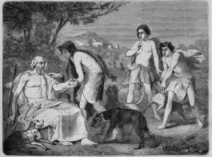 Homere na ilha de Syros. Gravura de 1864, de acordo com a pintura de Maillard.