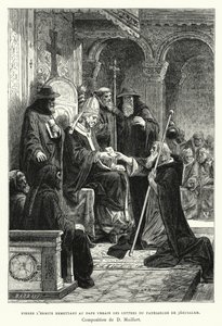 Pedro, o Eremita, entregando ao Papa Urbano as Cartas do Patriarca de Jerusalém (gravura)