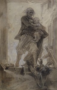O Marquês de Lantenac salvando uma criança, ilustração de Quatre-vingt-treize por Victor Hugo (1802-85) (lápis, giz de cera e guache sobre papel)