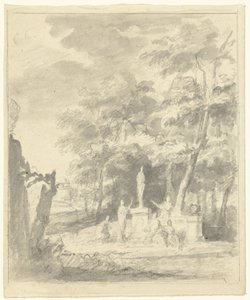 Paisagem arcadiana com figuras em torno de uma estátua de Dionys van Nijmegen (possibly)
