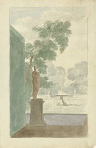Projeto para decoração de parede em um salão: vista de um jardim com estátua, fonte e urnas de Dionys van Nijmegen (possibly)