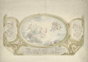 Desenho da pintura do teto: oval com representação alegórica, cercado por cenas com putti de Dionys van Nijmegen (possibly)