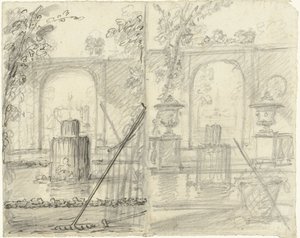 Dois desenhos para uma vista de jardim com fonte e ferramentas de jardim em primeiro plano de Dionys van Nijmegen (possibly)