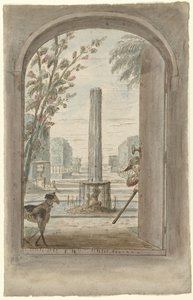 Projeto para uma pintura de quarto com vista através de uma porta aberta em um jardim com uma fonte