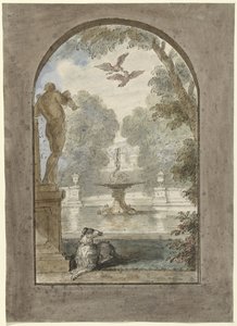 Projeto para uma pintura de quarto com um rosto em um jardim com um cachorro reclinado, fonte e estátua
