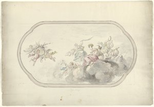 Desenho para uma pintura de tecto mostrando mulheres a fazer música e putti com cesto de flores como uma alegoria da Alegria
