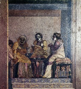 Mosaico romano da cena do jogo com atores mascarados, Villa de Cícero, Pompéia, século 2 aC de Dioscurides of Samos