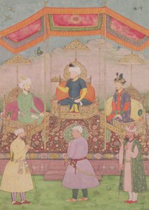 Imperador Mughal Babur e seu filho, Humayan, miniatura indiana do Rajastão, século XVI de Dip Chand