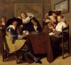 Uma Festa de Cartão Elegante (óleo sobre painel) de Dirck (attr. to) Hals
