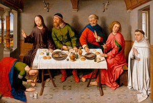 "Cristo na Casa de Simão, o Fariseu" Maria Madalena esfrega pomada nos pés de Jesus - Pintura de Dirk (Dieric) Bouts, conhecido como o Velho (1410/20-1475), c 1450 - Óleo sobre madeira, 40,5x61 - Staatliche Museen, Berlim