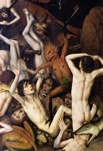 Inferno, detalhe de um demônio batendo no maldito, c.1450