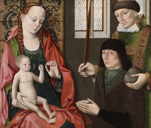 Virgem e Criança com Santo Estêvão e um Doador, c.1480 de Dirck Bouts