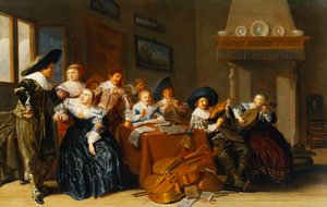 Figuras elegantes com instrumentos sentados à mesa e uma jovem cantando no interior, 1637