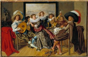 Gallant Meeting Musicians and young women playing music and raising their glasses at a party. Pintura de Dirk Hals (1591-1656) 1625 Sun. 0,3x0,46 m