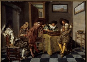 A parte do tric trac (tri-trac: antigo jogo de Backgammon). Pintura de Dirk Hals (1591-1656), cerca de 1615-1625. Óleo sobre madeira. Dim: 0,38 X 0,53m. Lille, Musee Des Beaux Arts - Jogadores de Tic-trac ("Trictrac: antigo jogo de Backgammon). Pintura por