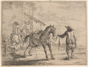 Um cavalo mijando segurado por um homem