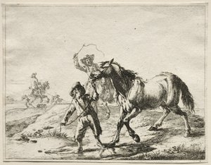 Um menino levando um cavalo para beber. de Dirck Stoop