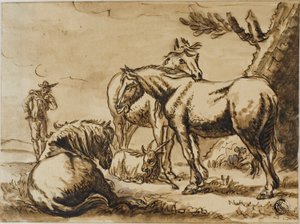 Cavalos, cabra e um homem
